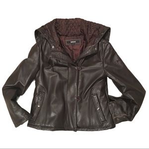 DKNY Brown Moto Leather Coat